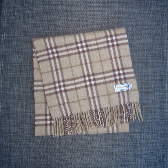 BURBERRYS Pure Cashmere Nova Plaid Scarf Tan Brown Natural 11.75 x 53 - Picture 9 of 10